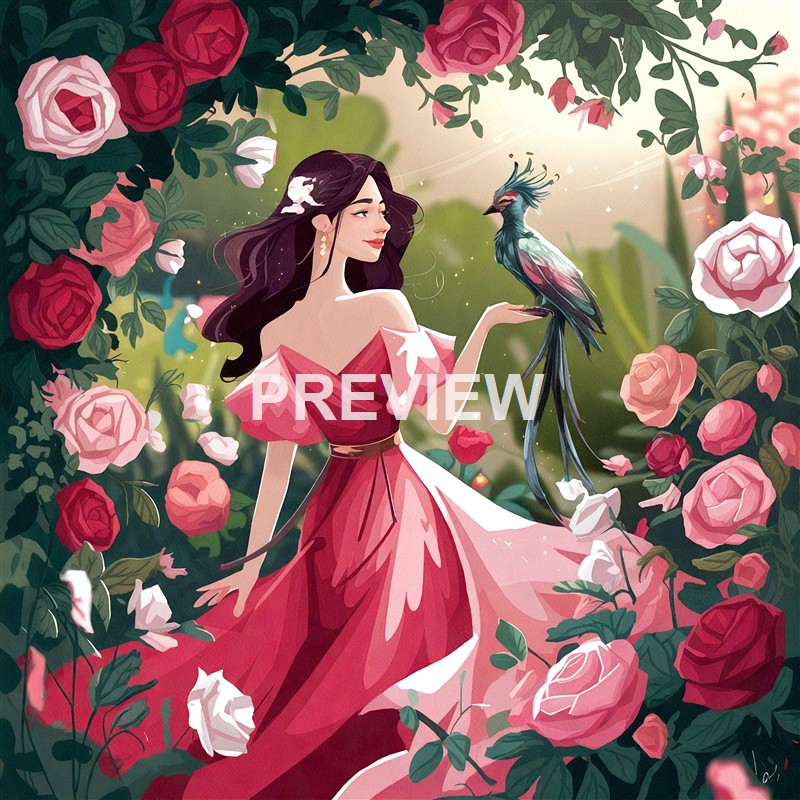 A woman in a flowing pink dress with dark hair holding a colorful bird on her hand, surrounded by blooming roses and greenery in a whimsical garden setting.